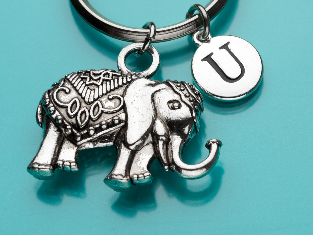Elephant Keychain, Party Elephant Key Ring, Animal Charm, Initial