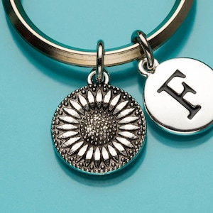 Sunflower Keychain, Sunflower Key Ring, Modern Sunflower, Flower Charm, Initial Keychain, Personalized Keychain, Custom Charm Keychain, 906
