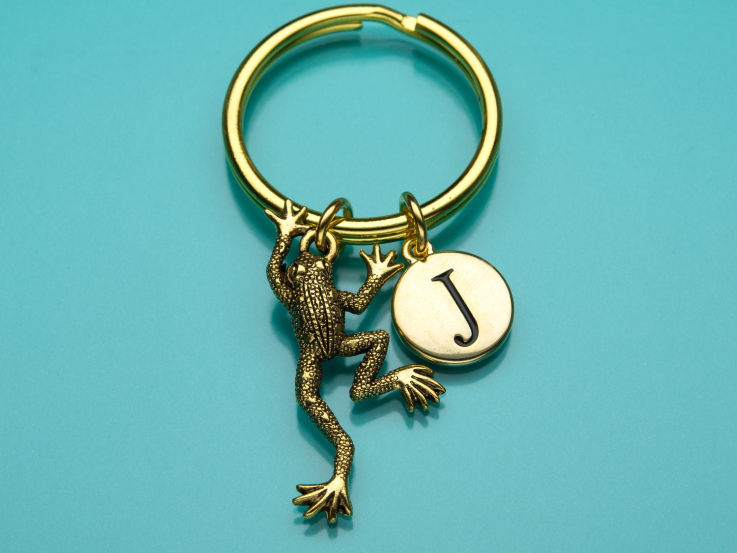 Frog Keychain Gold Frog Key Ring Initial Keychain Animal Etsy