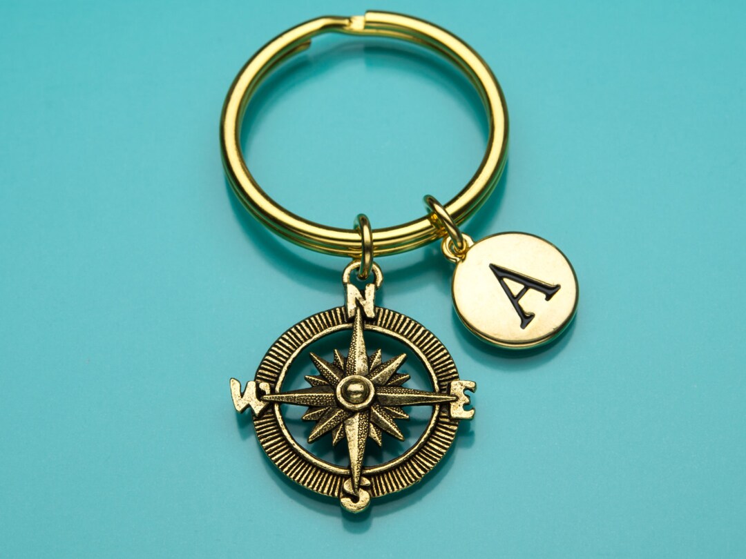 Compass Keychain Gold Compass Key Ring Initial Keychain Etsy