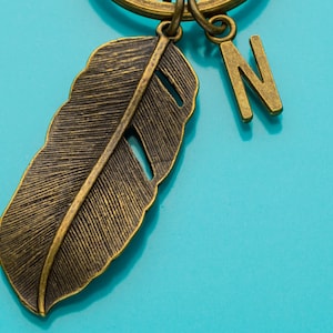 Feather Keychain, Bronze Feather Key Ring, Wide Feather Charm, Initial Keychain, Personalized Keychain, Custom Keychain, Charm Keychain, 582