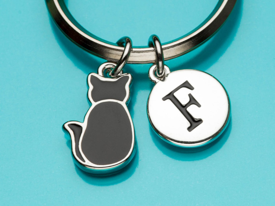 Black Cat Keychain Black Cat Key Ring Black Enamel Cat Back Etsy