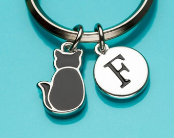 Black Cat Keychain, Black Cat Key Ring, Black Enamel Cat Back, Cat Lover, Halloween Gift, Initial Keychain, Gift Under 25, 871