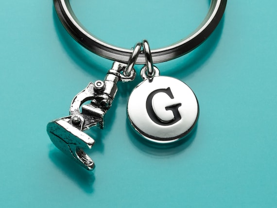 Microscope Keychain, Microscope Key Ring, Science Charm, Initial