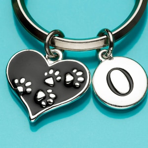 Cat Paw Print Keychain, Cat Pawprint Key Ring, Black Enamel Cat Heart, Cat Lover Gift, Initial Keychain, Personalized Charm Keychain, 870