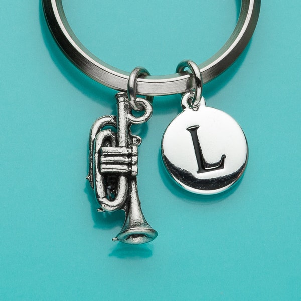 Trumpet Keychain, Trumpet Key Ring, Musician Keyring, Initial Keychain, Personalized Keychain, Custom Keychain, Charm Keychain, 366