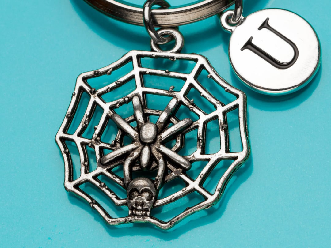 Spider Web Skull Keychain, Spider Web Key Ring, Web With Skull, Initial ...