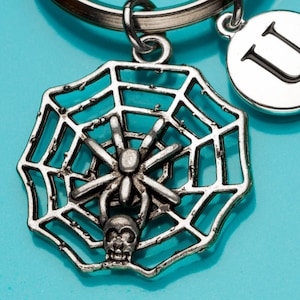 Spider Web Skull Keychain, Spider Web Key Ring, Web with Skull, Initial Keychain, Personalized Keychain, Charm Keychain, 895