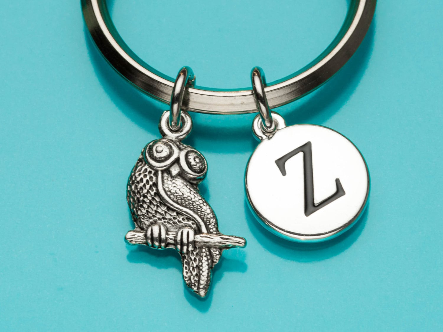 Owl Keychain, Owl Key Ring, Owl on Branch, Bird Charm, Initial Keychain, Personalized Keychain, Cust
