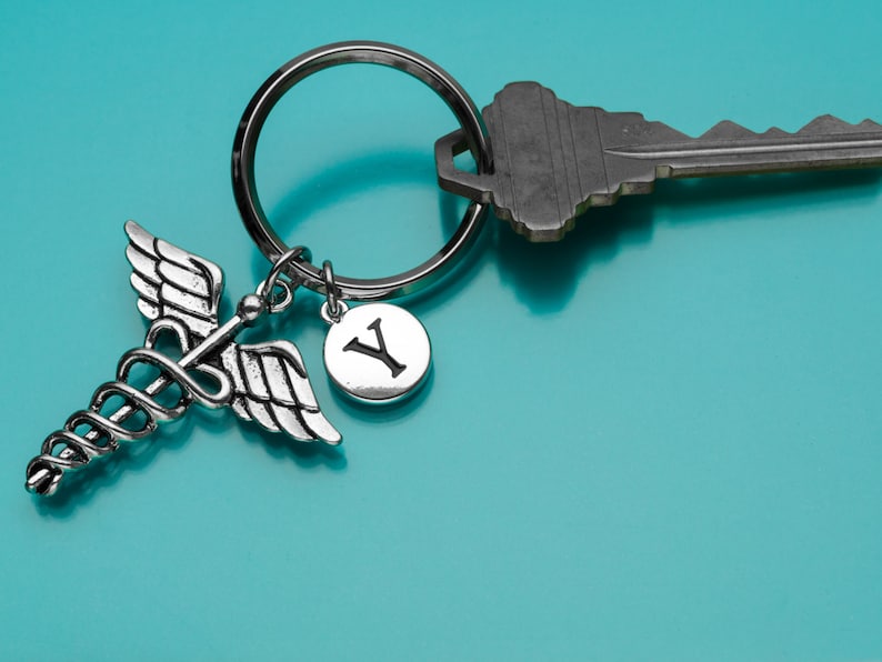 Custom Keychain 774 Doctor/'s Keychain Lg Caduceus Key Ring Caduceus Keychain Charm Keychain Initial Keychain Medical Symbol