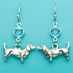 Dachshund Earrings, Doxie Earrings, Aquamarine Crystal Dachshund Earrings, Animal Earrings, Dog Earrings, Dangle Earrings, Gifts for Her, 99