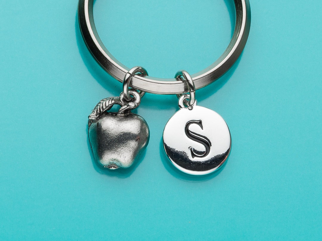 Apple Keychain, Apple Key Ring, Fruit Charm, Initial Keychain