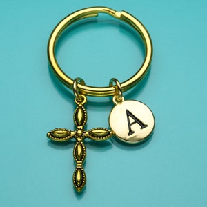 Cross Keychain, Gold Cross Key Ring, Marquise Cross, Religious Symbol, Initial Keychain, Personalized Keychain, Charm Keychain, 518