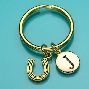 Horseshoe Keychain, Gold Horse Shoe Key Ring, Good Luck Charm, Initial Keychain, Personalized Keychain, Custom Keychain, Charm Keychain, 516