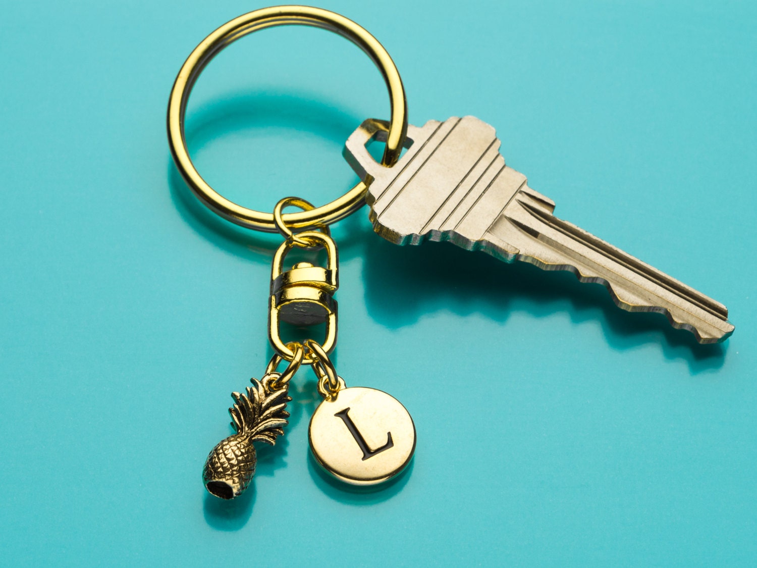 Pineapple Keychain, Gold Pineapple Key Ring, Food Charm, Initial ...