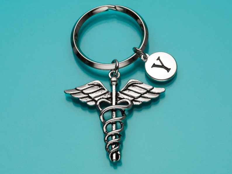 Custom Keychain 774 Doctor/'s Keychain Lg Caduceus Key Ring Caduceus Keychain Charm Keychain Initial Keychain Medical Symbol