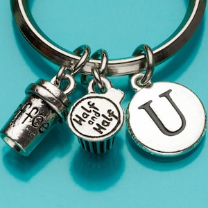 Coffee and Half and Half Keychain, Coffee Key Ring, Travel Mug Keychain, Initial Keychain, Personalized Keychain, Coffee Charm, 795, 857