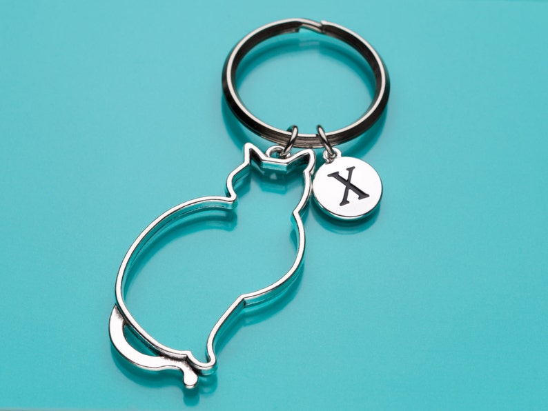 193 Initial Keychain Personalized Keychain Custom Keychain Cat Outline Key Ring Cat Charm Animal Charm Cat Outline Keychain