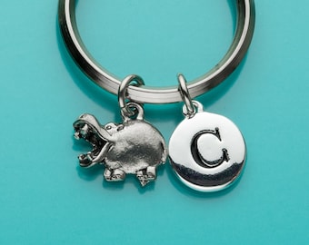 Cute Hippo Keychain, Cute Hippo Key Ring, Initial Keychain, Personalized Keychain, Custom Keychain, Charm Keychain, 98