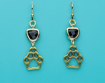 Dog Paw Earrings, Black Crystal Dog Paw Earrings, Animal Earrings, Dog Earrings, Dangle Earrings, Gifts for Her, 506
