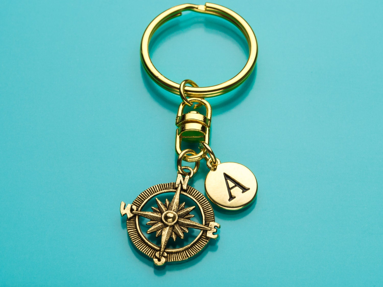 Compass Keychain Gold Compass Key Ring Initial Keychain Etsy