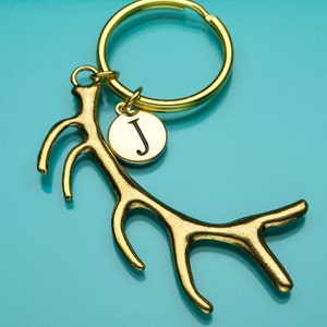 Antler Keychain, Gold Antler Key Ring, Huge Antler Charm, Initial Keychain, Animal Charm, Personalized Keychain, Custom Keychain, 609