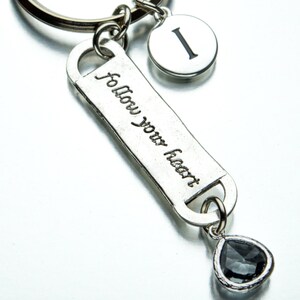 Follow Your Heart Keychain, Inspirational Key Ring, Heart Charcoal Crystal Gem Key Ring, Romantic Gift, Personalized Keychain, 433,T3