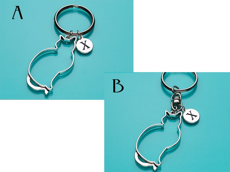 193 Initial Keychain Personalized Keychain Custom Keychain Cat Outline Key Ring Cat Charm Animal Charm Cat Outline Keychain