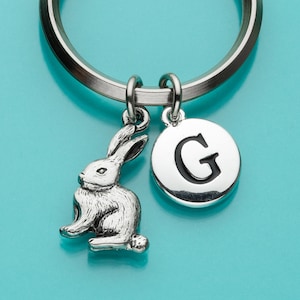 Bunny Keychain, Bunny Rabbit Key Ring, Initial Keychain, Personalized Keychain, Gift Under 25, Charm Keychain, 54