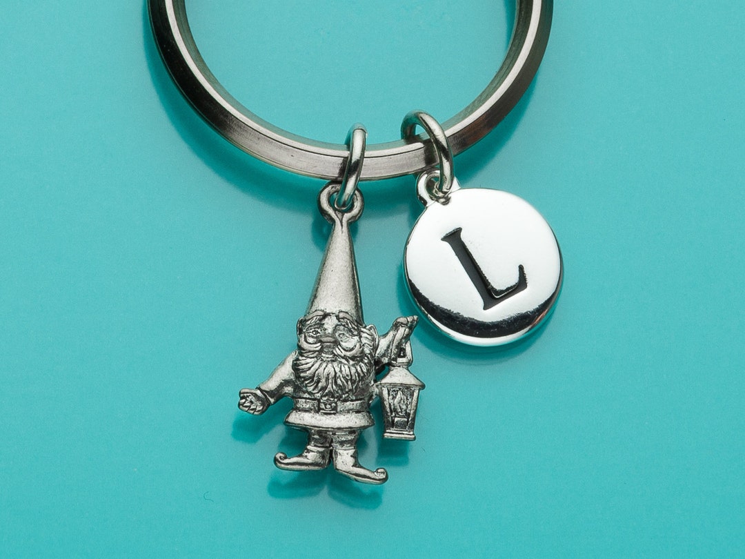 Gnome Keychain, Gnome Key Ring, Initial Keychain, Personalized Keychain