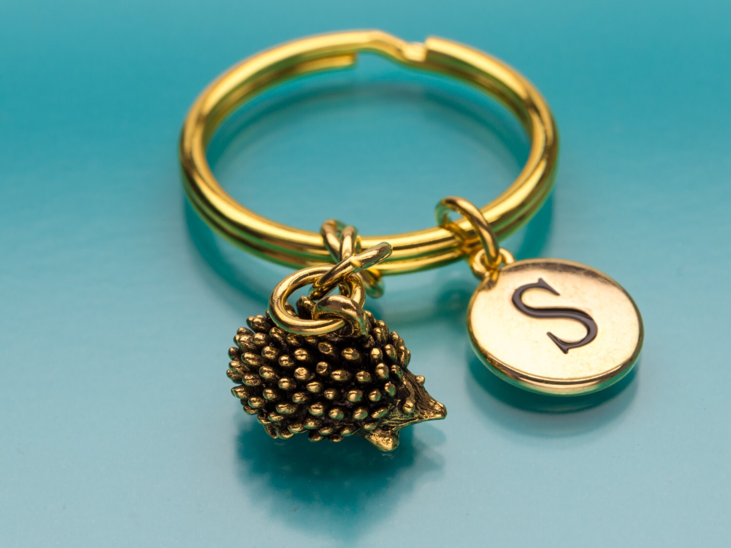 Porcupine Keychain, Gold Porcupine Key Ring, Initial Keychain, Animal Charm, Personalized Keychain, Custom Keychain, Charm Keychain, 473