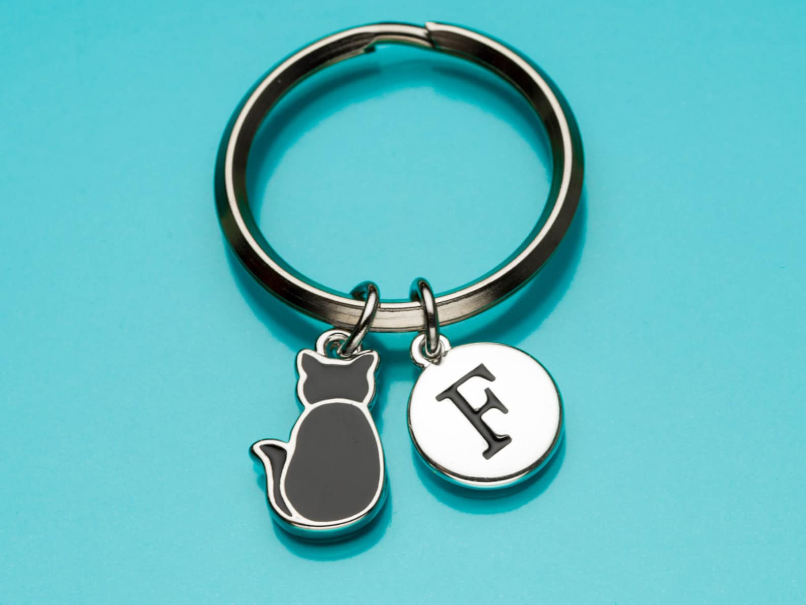 Black Cat Keychain Black Cat Key Ring Black Enamel Cat Back Etsy