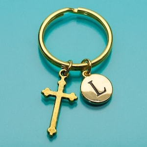 Cross Keychain, Gold Cross Key Ring, Religious Symbol, Initial Keychain, Personalized Keychain, Custom Keychain, Charm Keychain, 502