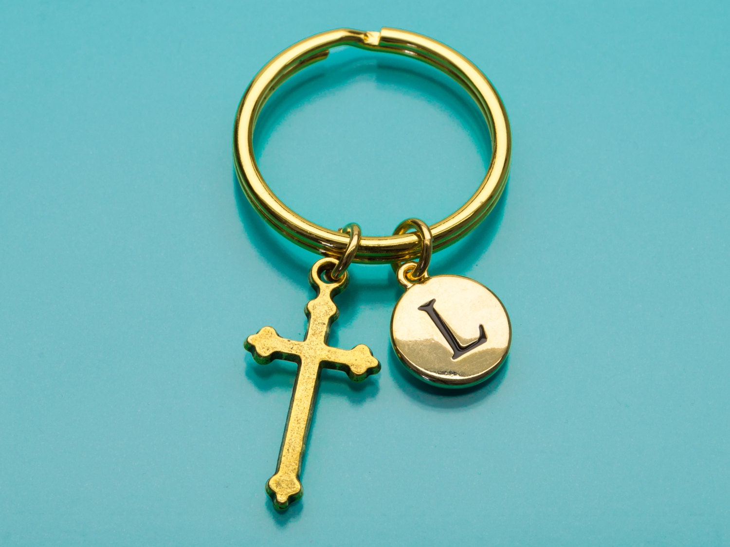 Cross Keychain Gold Cross Key Ring Religious Symbol Initial Etsy