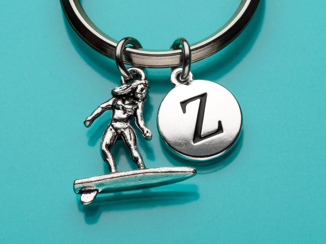 Surfer Keychain Surfer Key Ring Surfing Keychain Initial Etsy