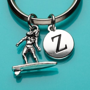 Surfer Keychain, Surfer Key Ring, Surfing Keychain, Initial Keychain, Sports Keyring, Personalized Keychain, Custom Keychain, Charm, 635