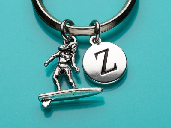 Surfer Keychain, Surfer Key Ring, Surfing Keychain, Initial