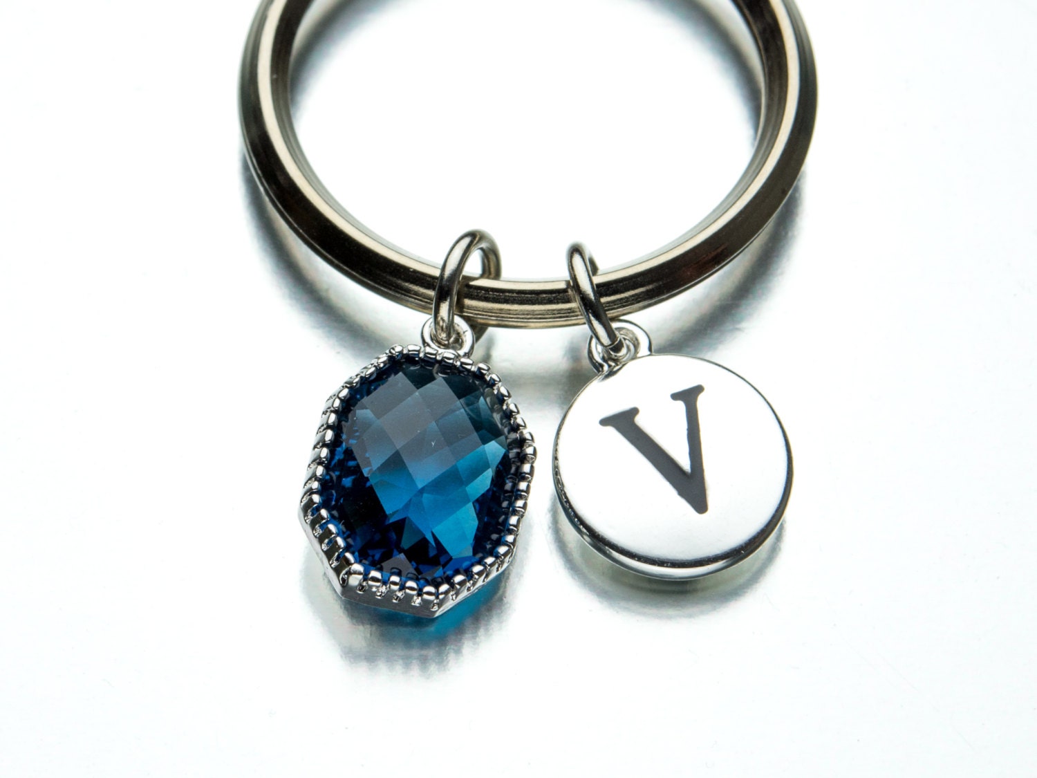 Crystal Gem Keychain Sapphire Blue Key Ring Octagon Crystal Etsy