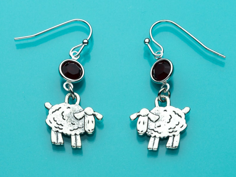 Animal Earrings Dangle Earrings Cute Sheep Red Crystal Lamb Earrings Baa Baa Black Sheep Earrings 436 Gifts for Her Sheep Earrings