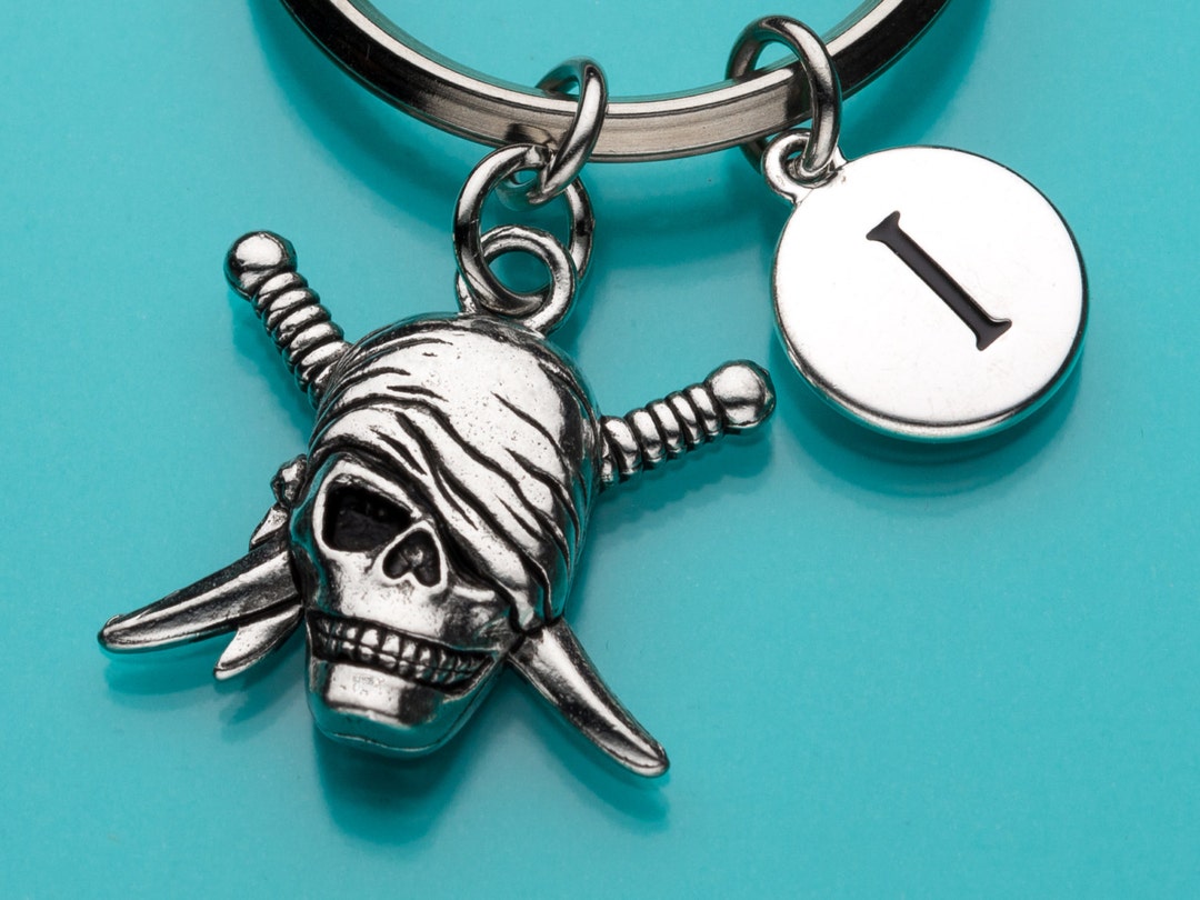 Skull Keychain Skull Key Ring Skull With Swords Initial Etsy