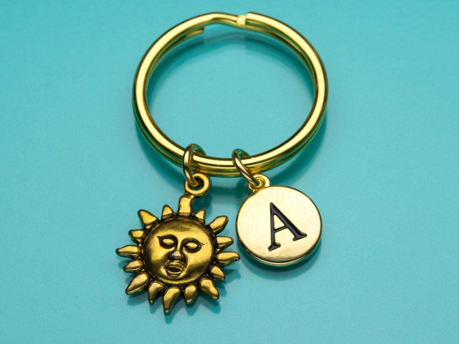 Sun Keychain, Gold Sun Key Ring, Sun God Charm, Initial Keychain, Personalized Keychain, Custom Keychain, Charm Keychain, 496