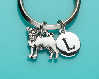 Pug Keychain, Pug Key Ring, Dog Keyring, Initial Keychain, Personalized Keychain, Custom Keychain, Charm Keychain, 295