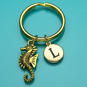 Seahorse Keychain, Gold Seahorse Key Ring, Ocean Creature, Initial Keychain, Personalized Keychain, Custom Keychain, Charm Keychain, 505