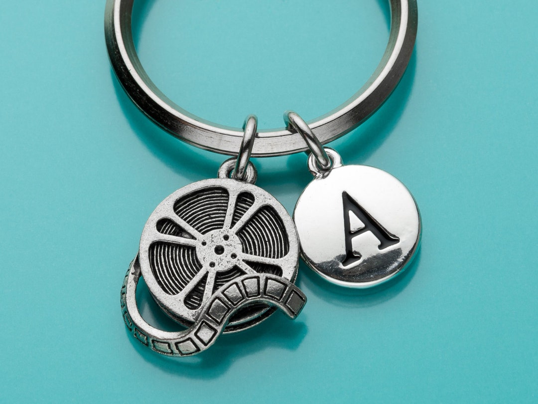 Film Reel Keychain, Film Reel Key Ring, Movie Buff Keyring, Initial