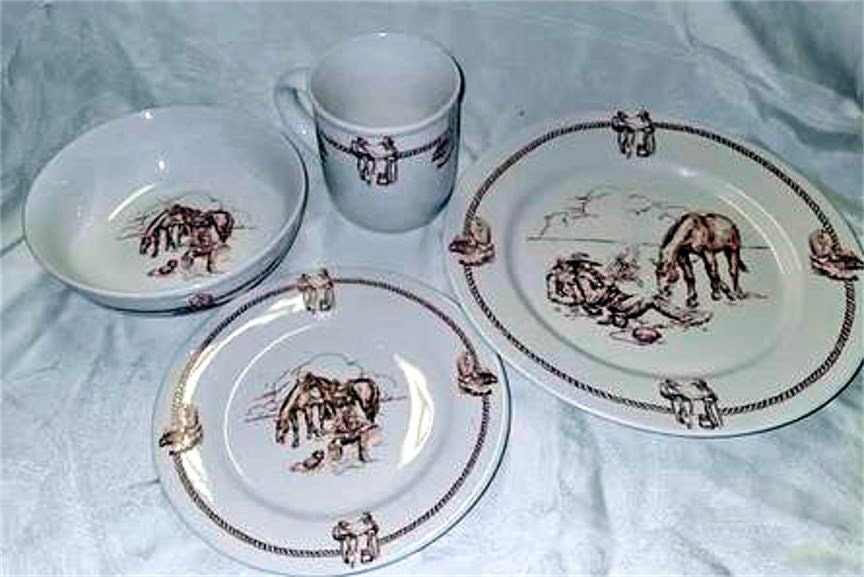 TOTALLY TODAY – Made in China – Cowboy & Horse Western Dinnerware – 4 Place Setting – Dinner Plate-Mug-Salad Plate-Soup Bowl