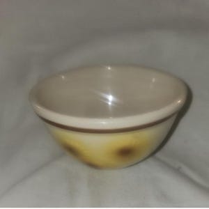 May include: A small, white ceramic bowl with a brown rim and a yellow and brown floral design. The bowl is empty.
