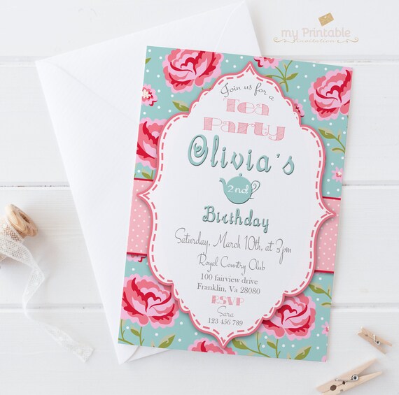 tea party invitation for girl printable or printed editable invitation template birthday invitations shabby chic floral pink blue ideas tea party invitations free template