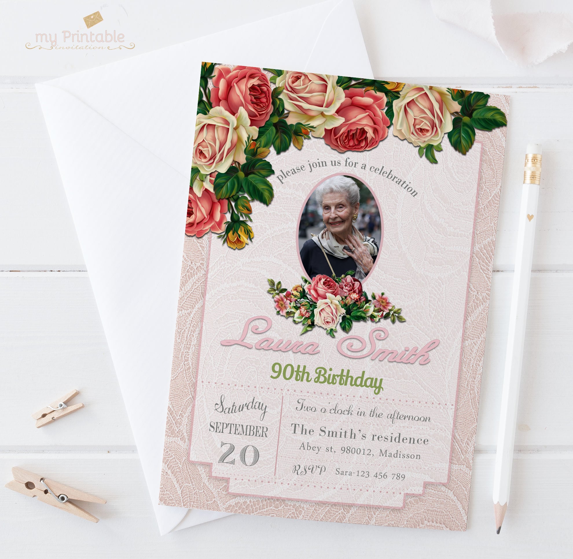 90th Birthday Invitation / Digital Printable Invite for women Etsy