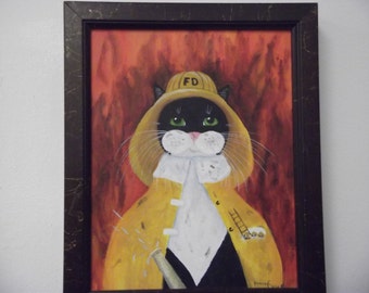 Fat Cat as A Firefighter Framed 8 X 10 Acrylic Painting