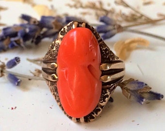 Victorian red salmon coral cameo ring rose gold 10K *Antique*